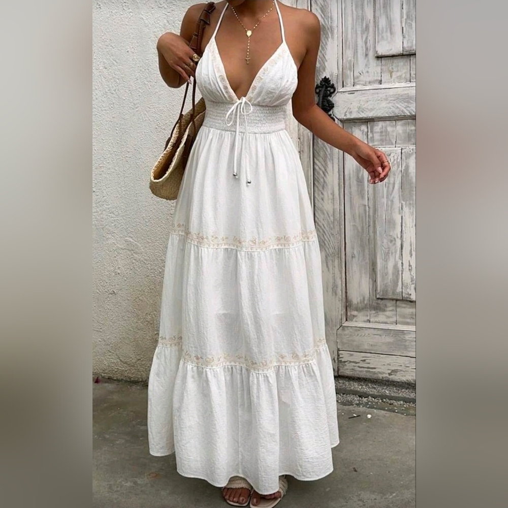 New Boho Embroidered Tie Halter Tiered Maxi Dress White Tan - Picture 2 of 11